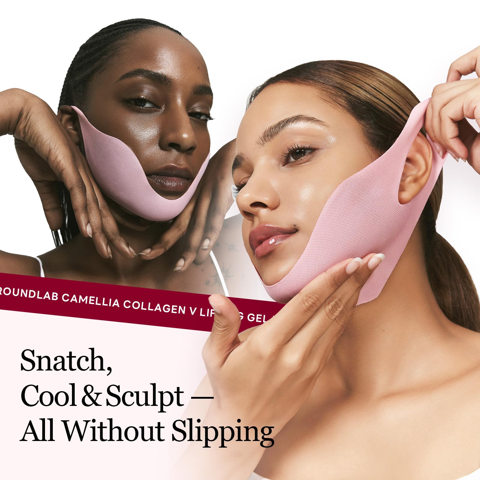 Round Lab Camellia Deep Collagen V Lifting Mask worn on jawline to emphasize V-line