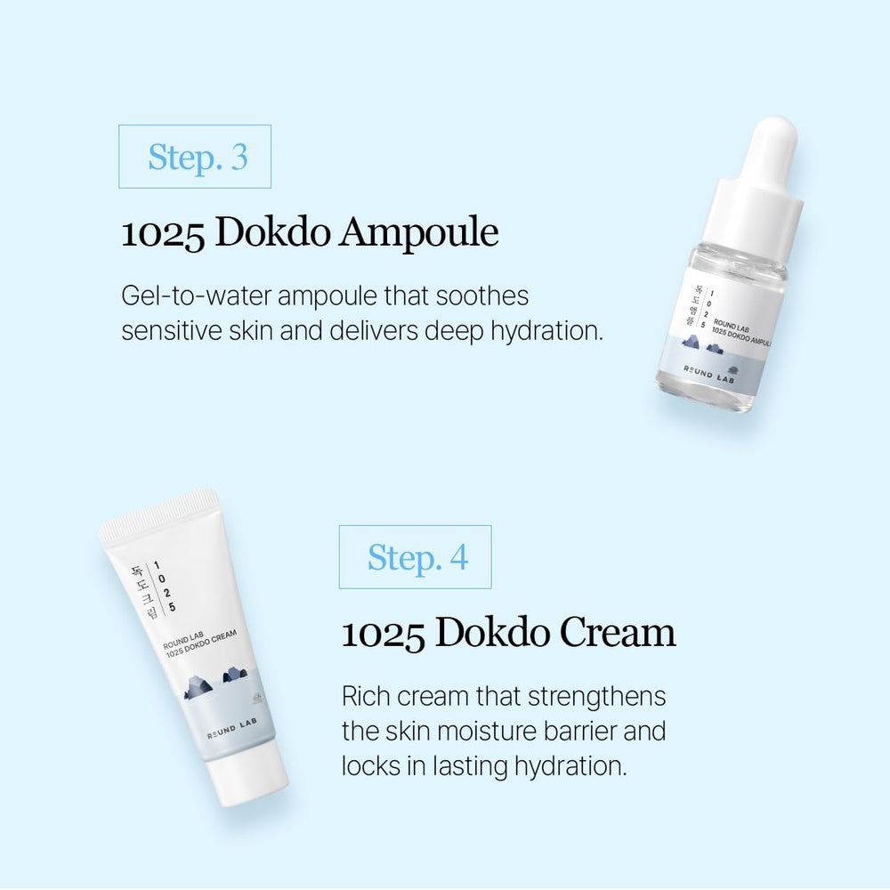 ROUND LAB Dokdo mini kit packaging highlighting travel-friendly skincare.