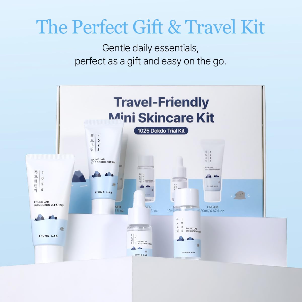 ROUND LAB Dokdo travel case keeps essential skincare compact for trips.