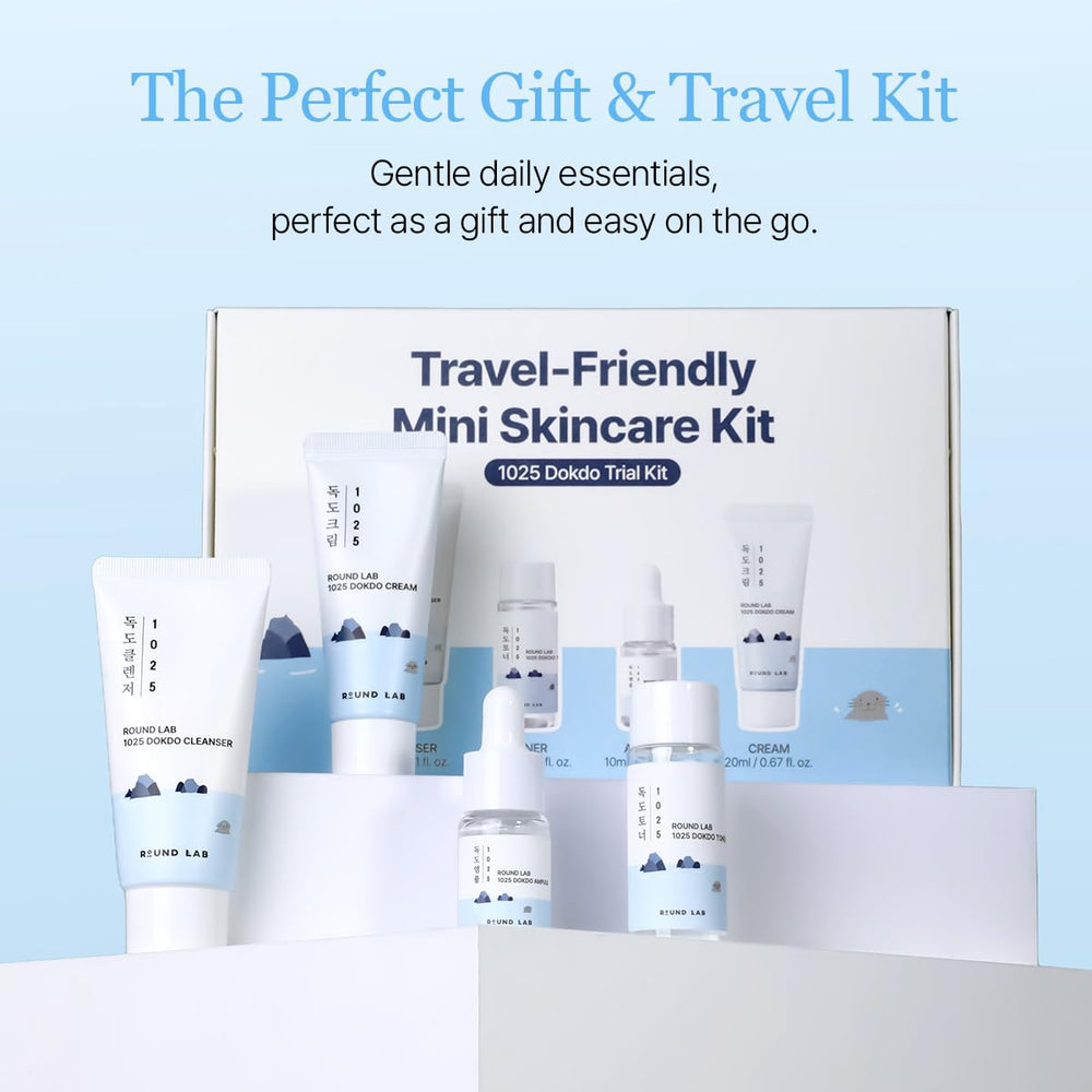 ROUND LAB Dokdo travel case keeps essential skincare compact for trips.