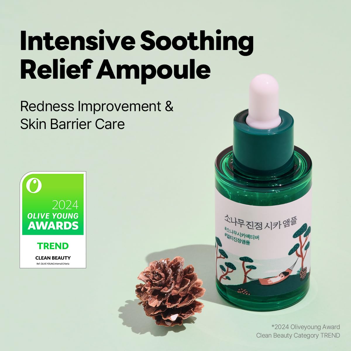 ROUND LAB Pine Calming Cica Ampoule dispense close-up highlighting fast-absorbing texture.