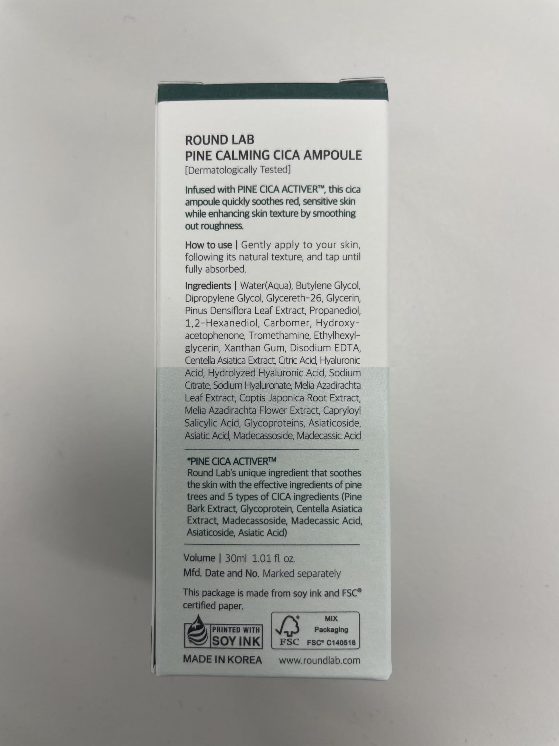 ROUND LAB Pine Calming Cica Ampoule compact packaging for travel care.
