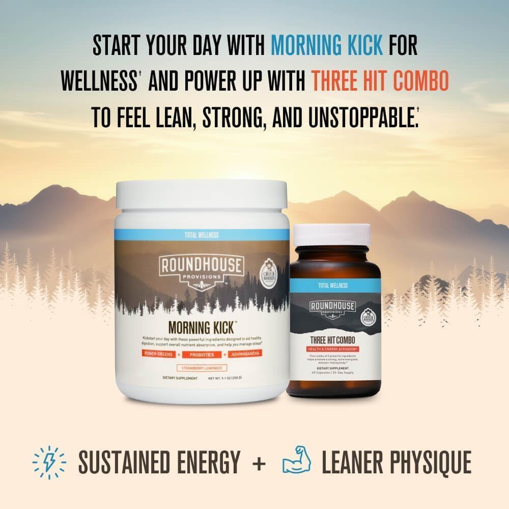 ROUNDHOUSE PROVISION Morning Kick label close-up showing caffeine free and sugar free formula