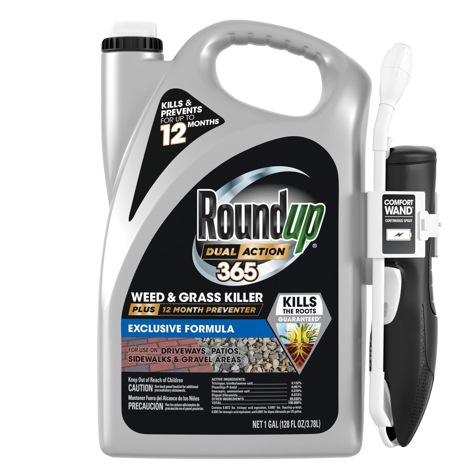 Roundup Dual Action 365 bottle ready for outdoor weed control.