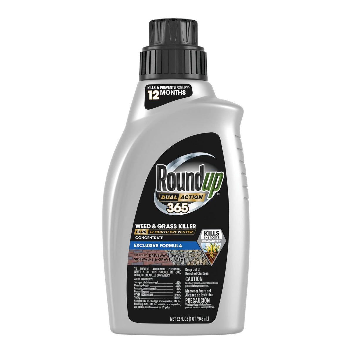 Roundup Dual Action 365 bottle shown for long-lasting weed control on a driveway.