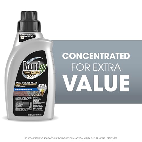 Close-up of Roundup Dual Action 365 label with usage instructions for clarity.