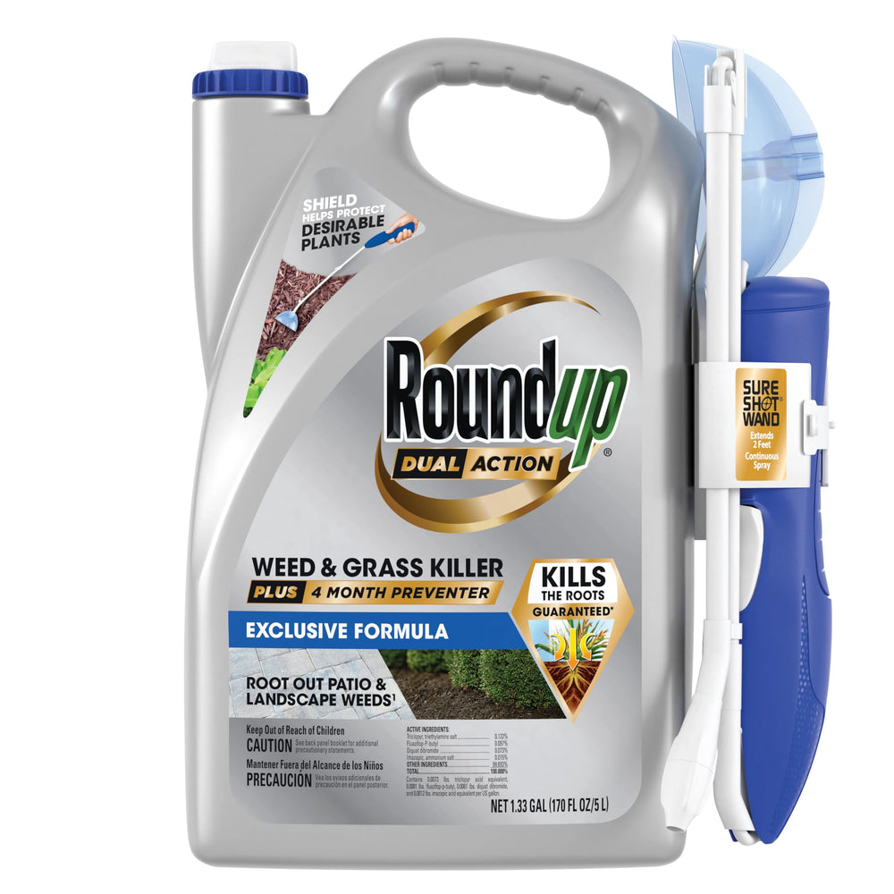 Roundup Dual Action bottle ready for root-level weed killing on hard surfaces.