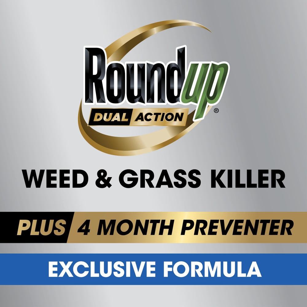 Roundup Dual Action being applied on a driveway to target weeds in cracks.