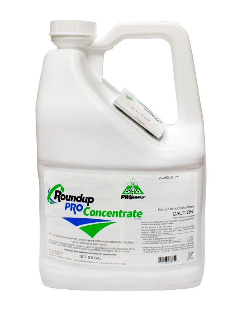 Roundup Pro Concentrate bottle enables fast rainfast weed control in outdoor spaces.