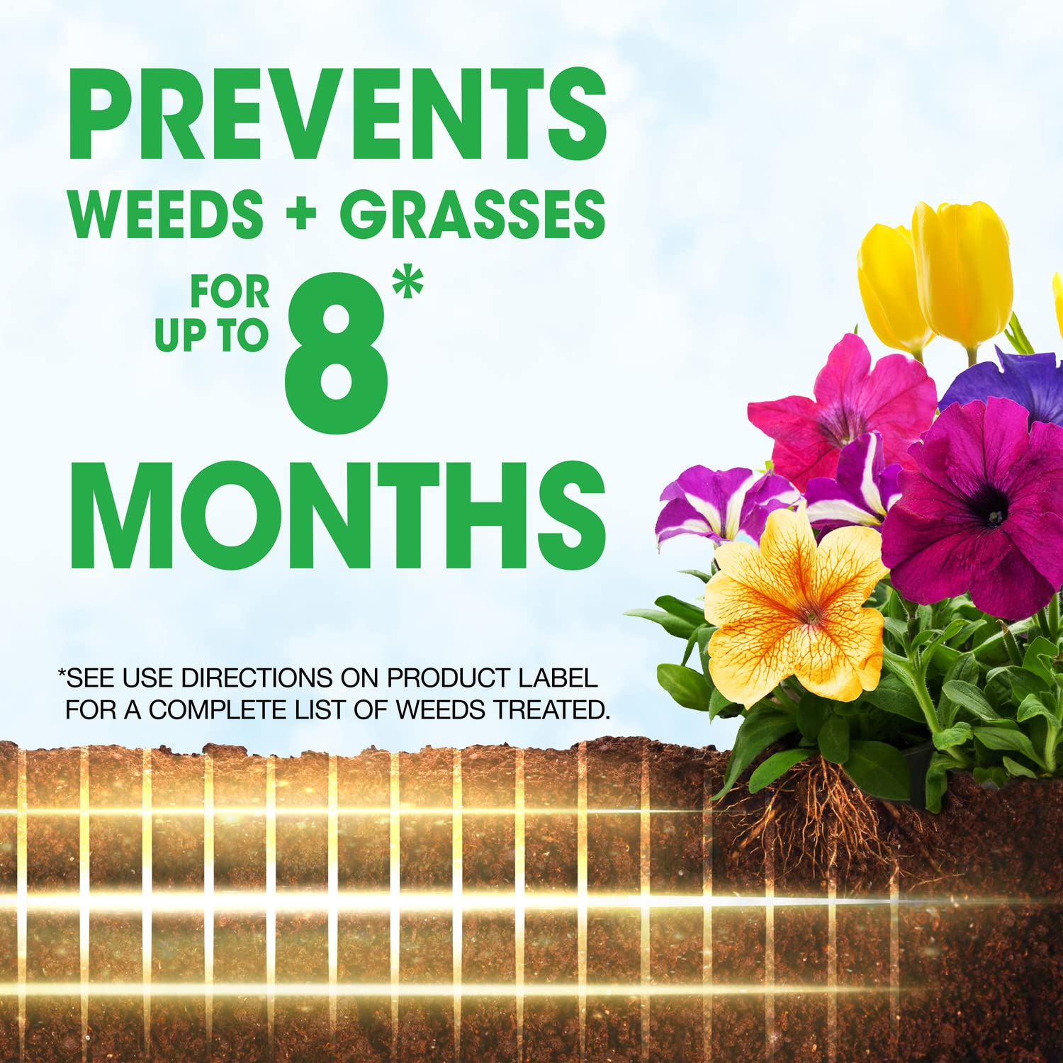Roundup Weed Barrier Granules coverage image shows up to 1,000 sq ft.