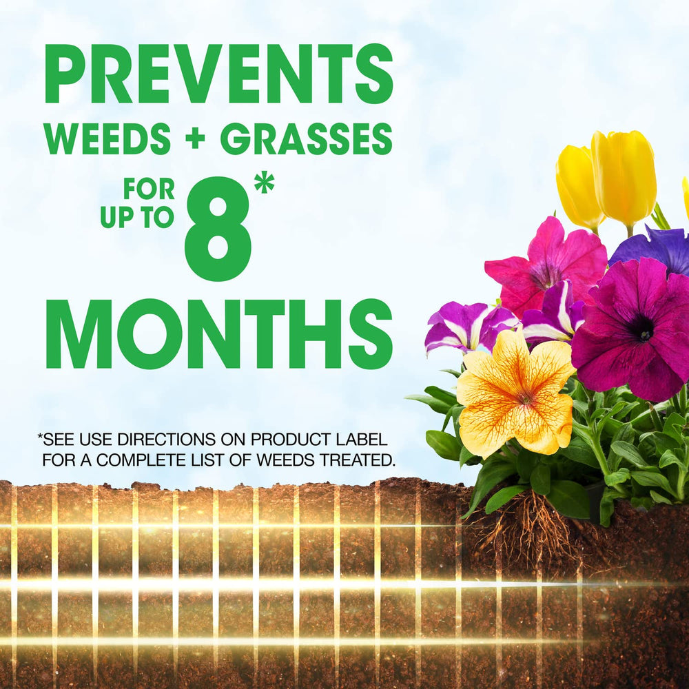 Roundup Weed Barrier Granules coverage image shows up to 1,000 sq ft.