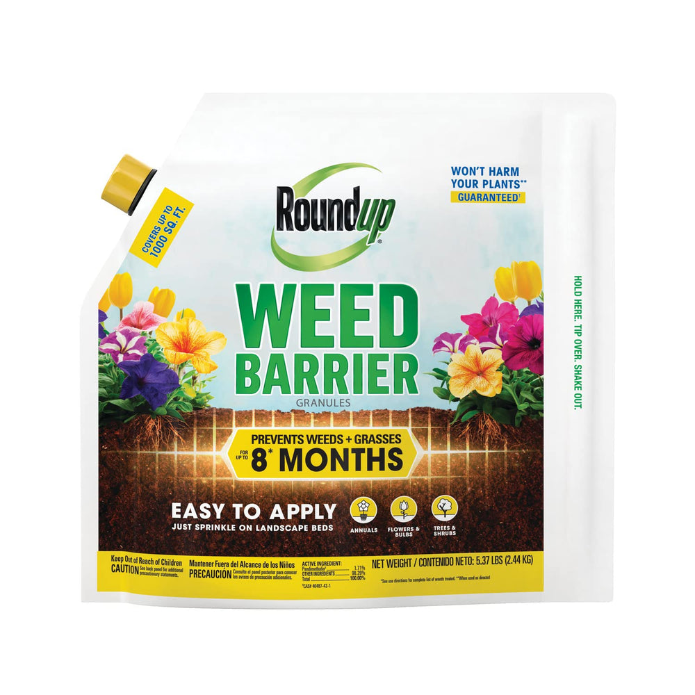 Roundup Weed Barrier Granules package shot demonstrates easy weed prevention around beds.