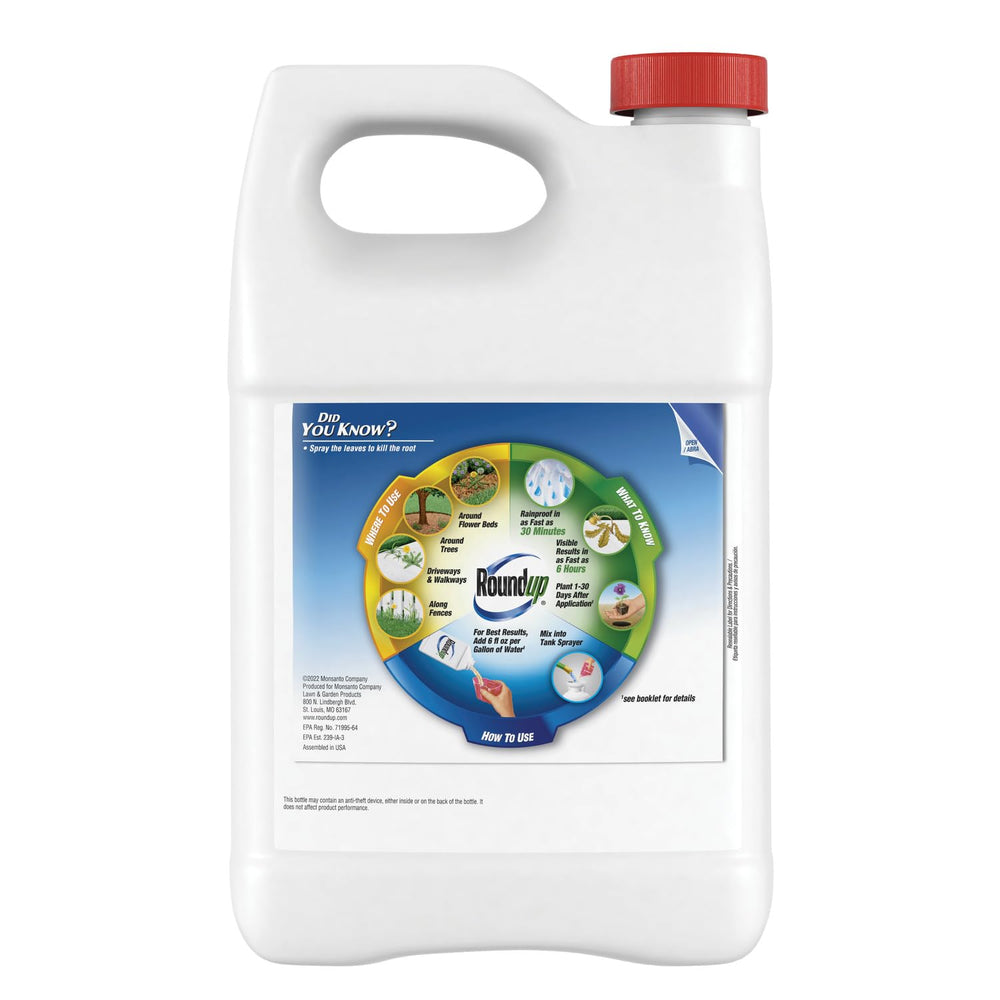 Roundup Weed & Grass Killer₄ Concentrate label with mixing guidance.