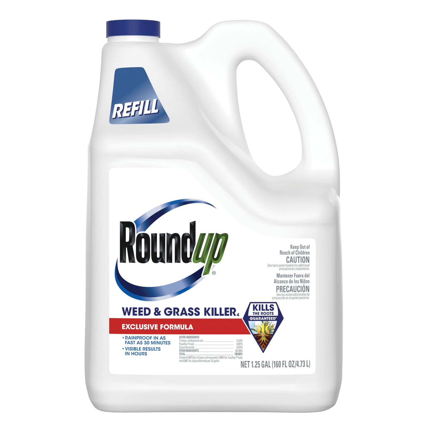 Roundup Weed & Grass Killer4 refill bottle label for easy identification and safe use.