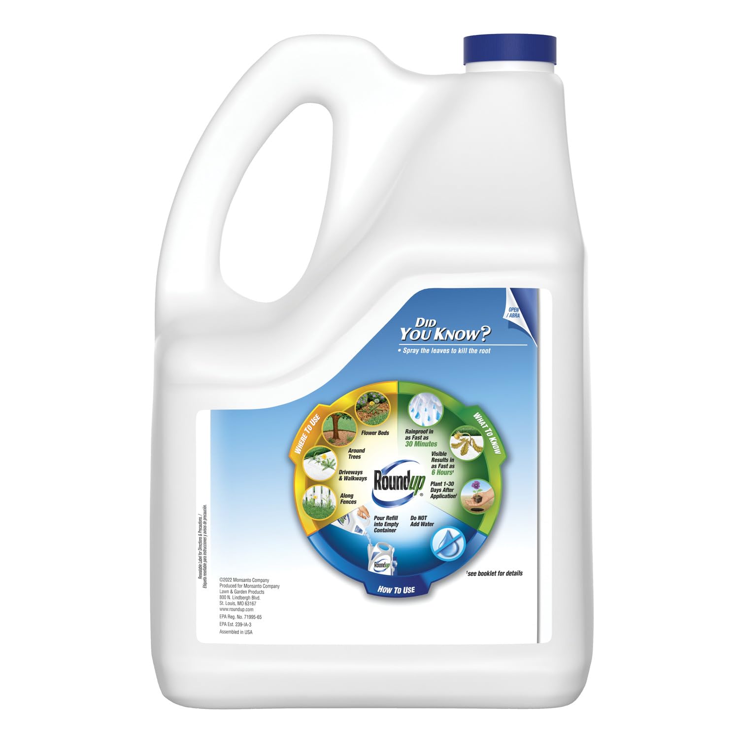 Roundup Weed & Grass Killer4 refill applied near flower bed targets weeds around perennials.