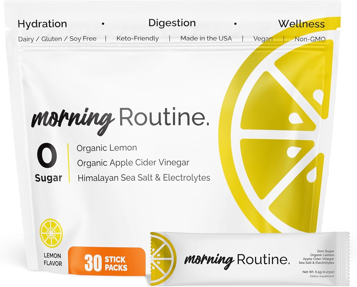 Routine Morning Hydration lemon-acv packets dissolving in water for refreshing energy