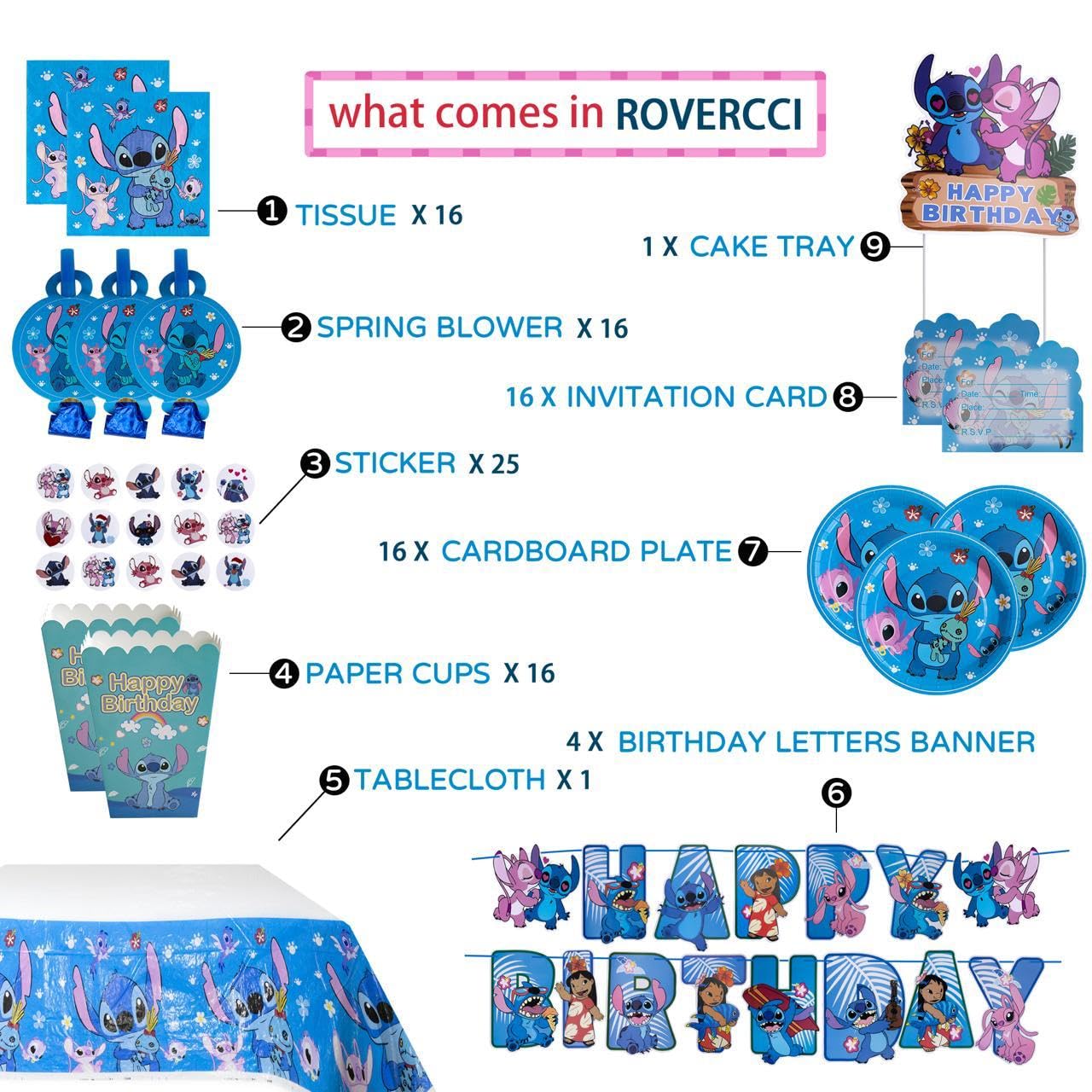 Rovercci Stitch popcorn boxes add playful party snack styling.
