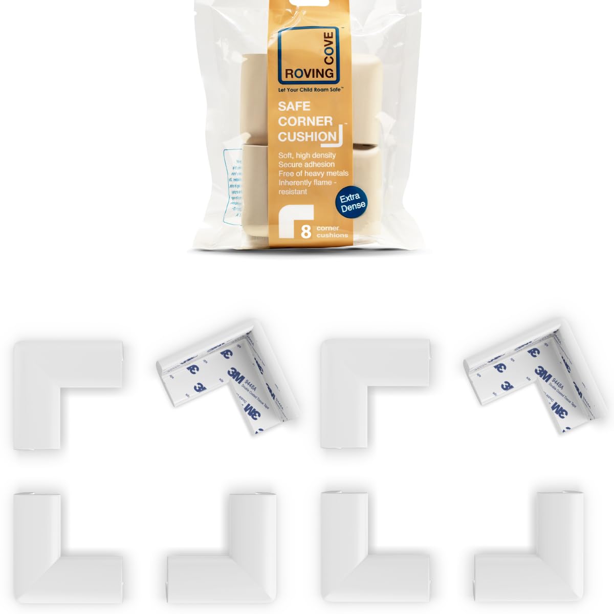 Roving Cove Slimfit corner protector with 8 small corners protects nursery furniture from sharp edges