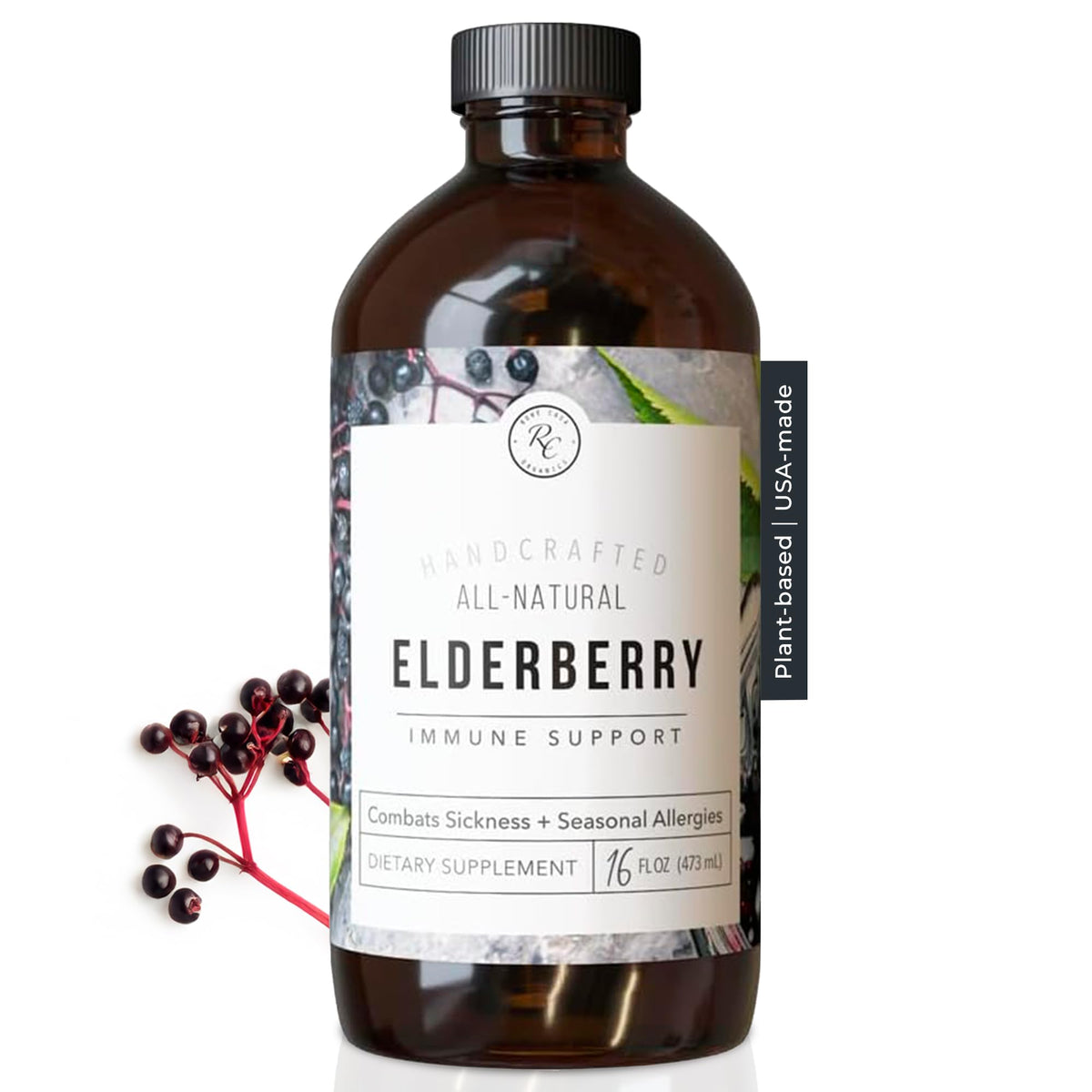 Rowe Casa Organics Elderberry bottle on a kitchen counter, promoting daily wellness.