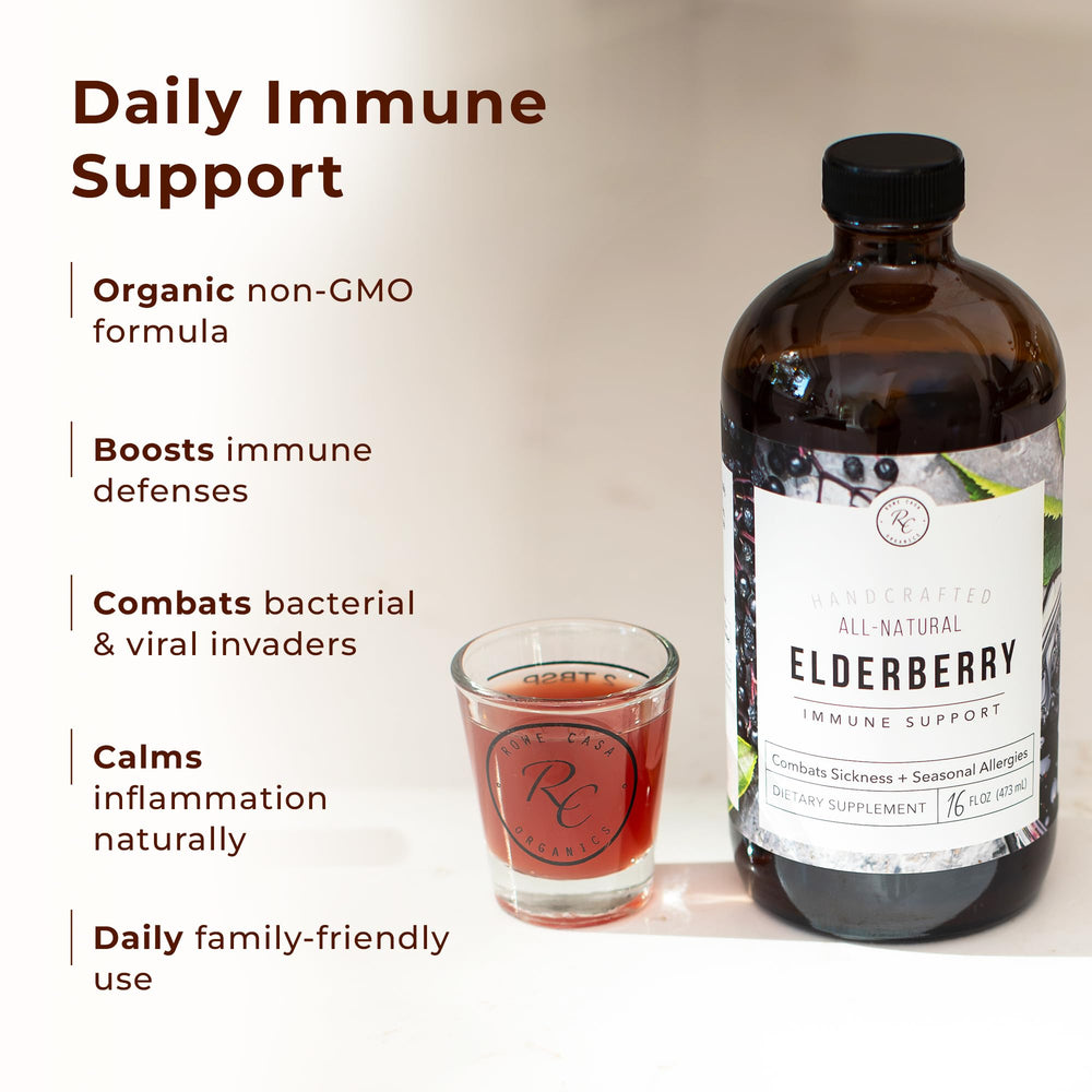 Rowe Casa Organics Elderberry daily-use syrup with measuring spoon for routine.