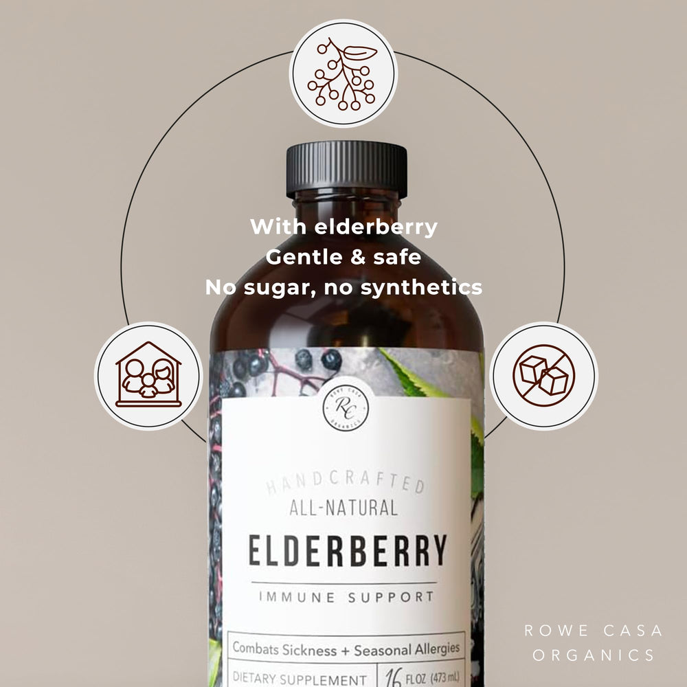 Rowe Casa Organics Elderberry pour showing easy dosing for family use.