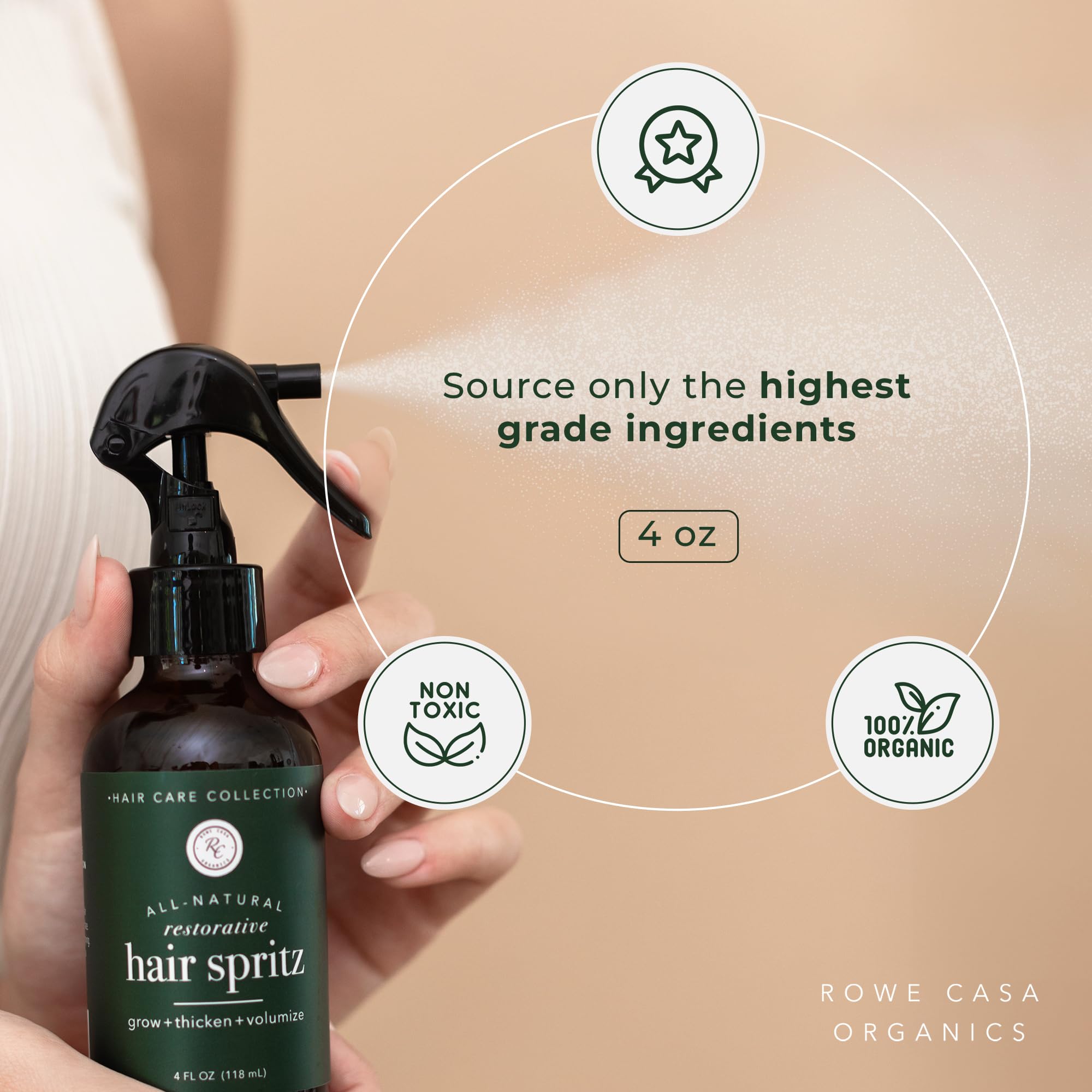 Rowe Casa Organics Hair Spritz application on hands for even conditioning.