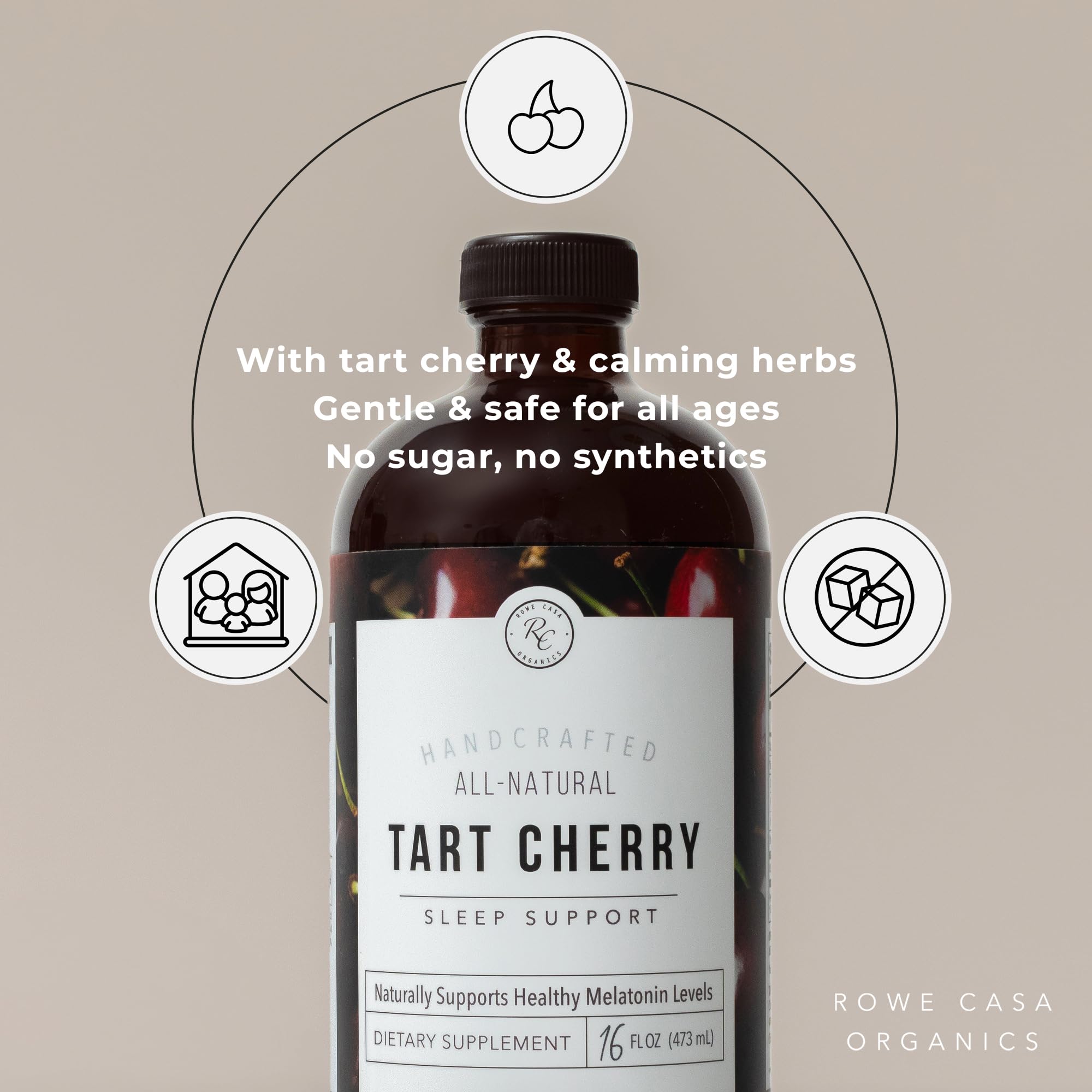 Rowe Casa Organics tart cherry sleep support pour for easy nightly dosing.