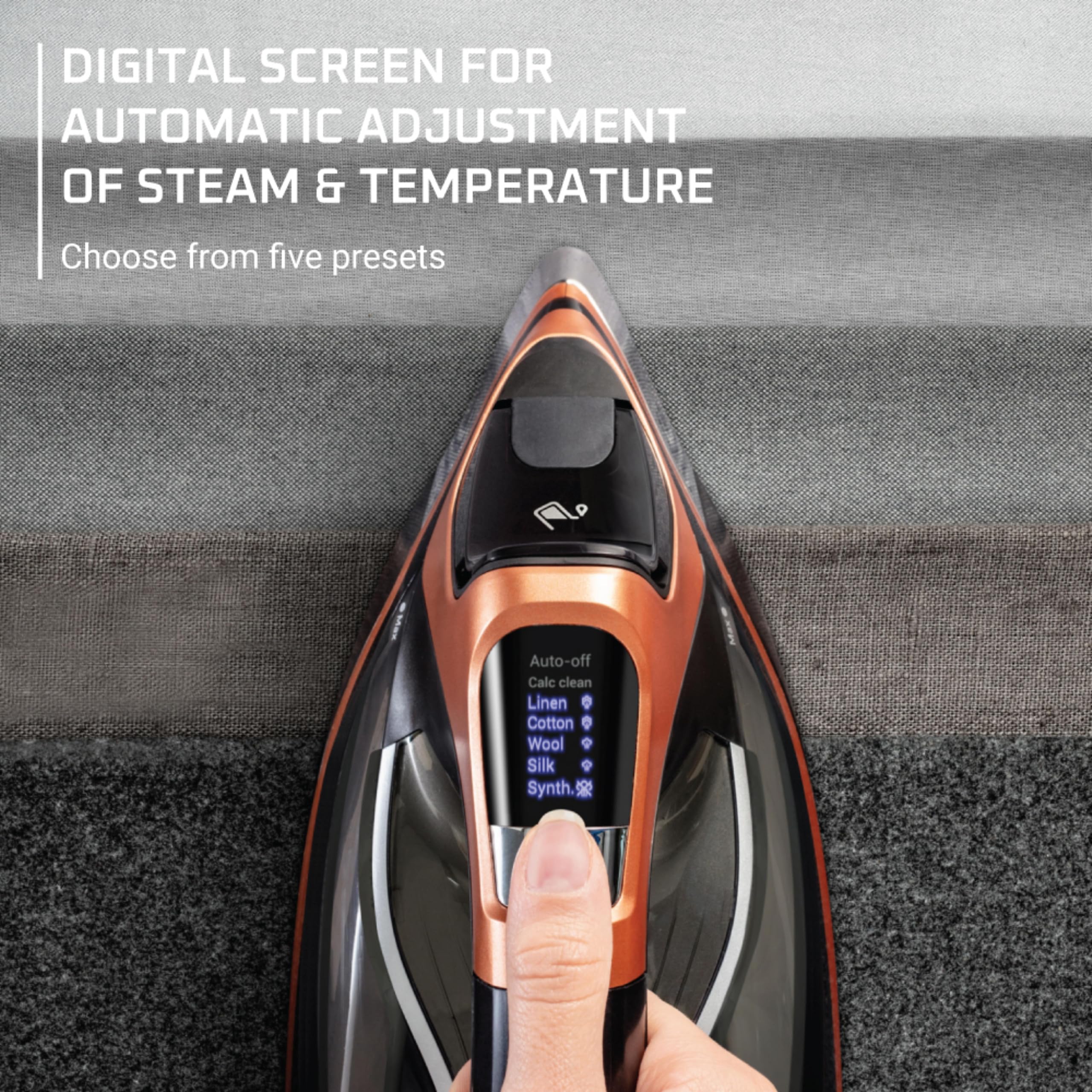 Rowenta Steam Force Pro control panel with precise heat settings.