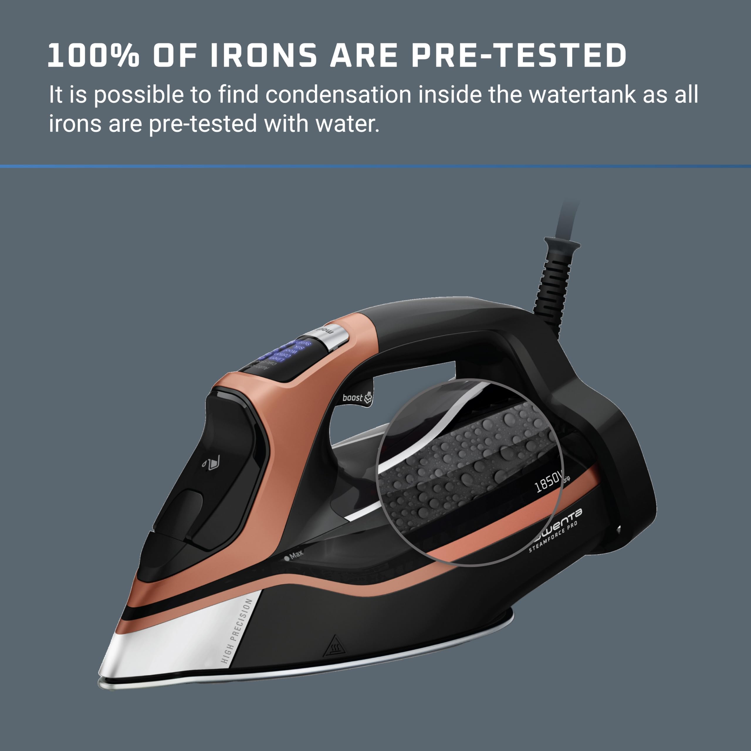 Rowenta Steam Force Pro smart screen with five fabric presets.