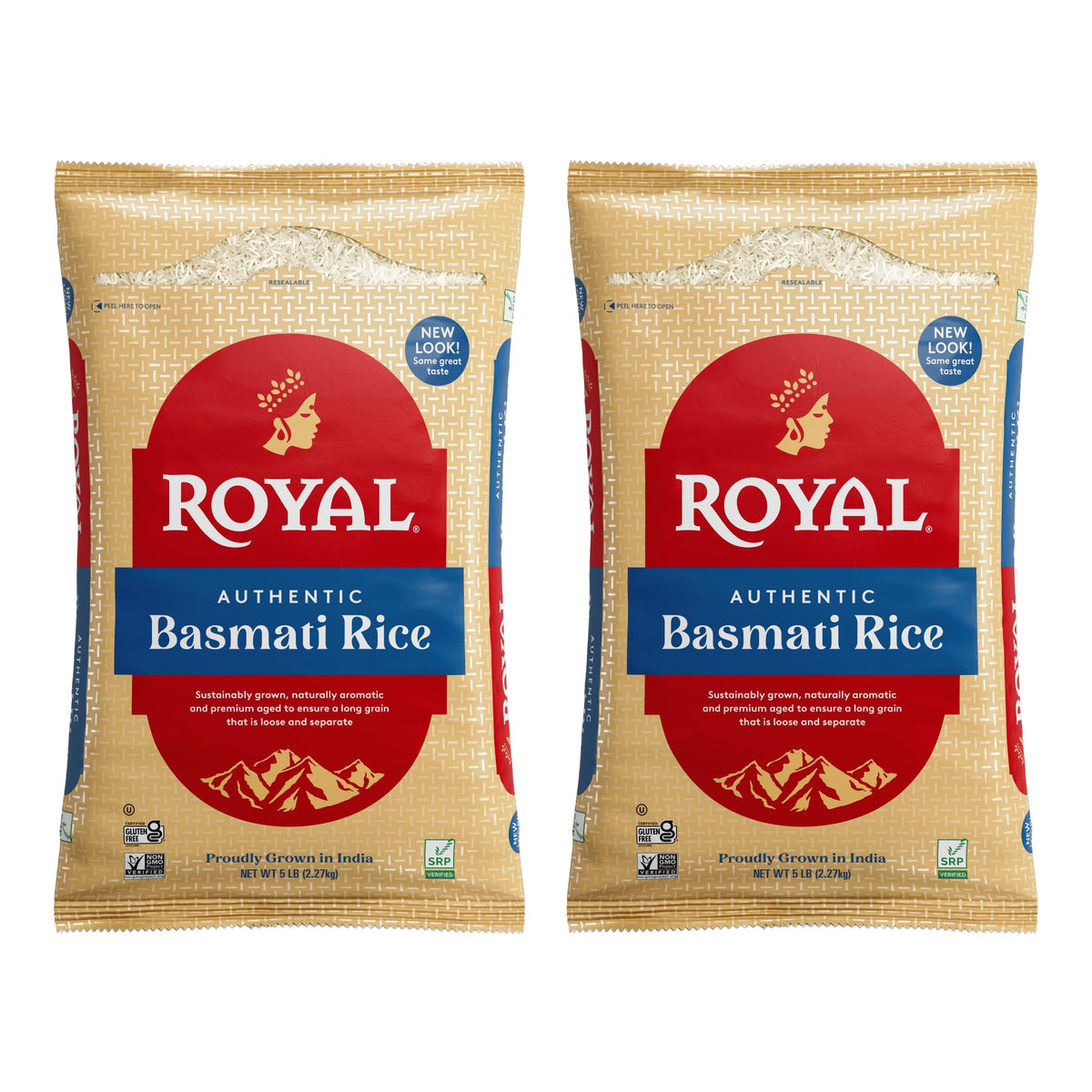 Royal Basmati rice, uncooked grains, for fluffy, non-sticky results.