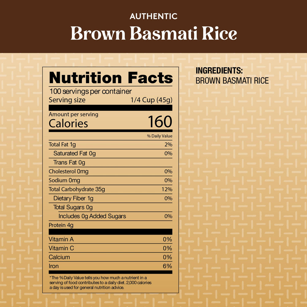 Royal brown basmati rice grains closeup shows non-sticky, fluffy texture when cooked.