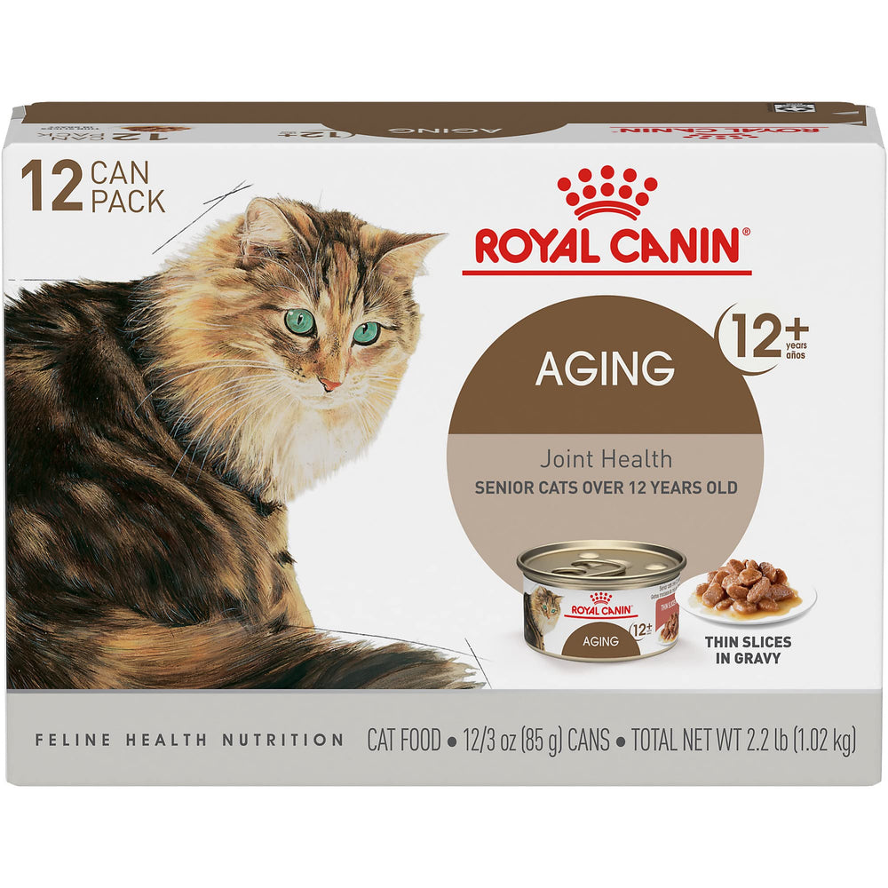 Royal Canin aging 12plus thin slices in gravy can front view, convenient senior nutrition.