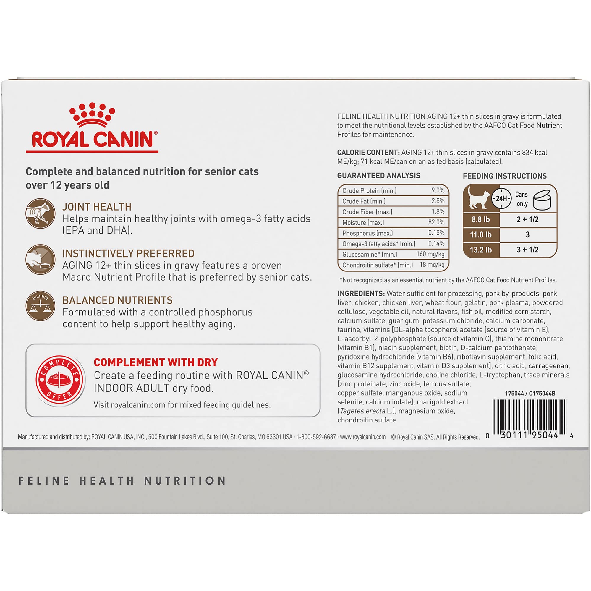 Royal Canin aging 12plus thin slices in gravy can side view for easy feeding.