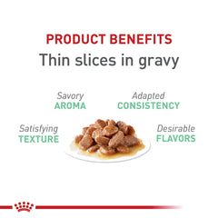 Close-up of thin slices in gravy for easier digestion by adult cats.