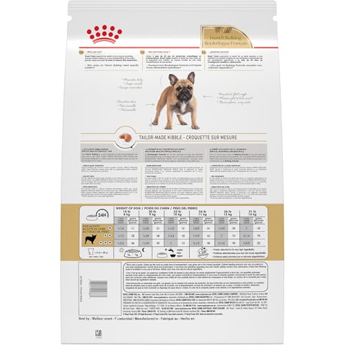 Royal Canin French Bulldog kibble close-up showing curved shape for easy pickup and chewing.