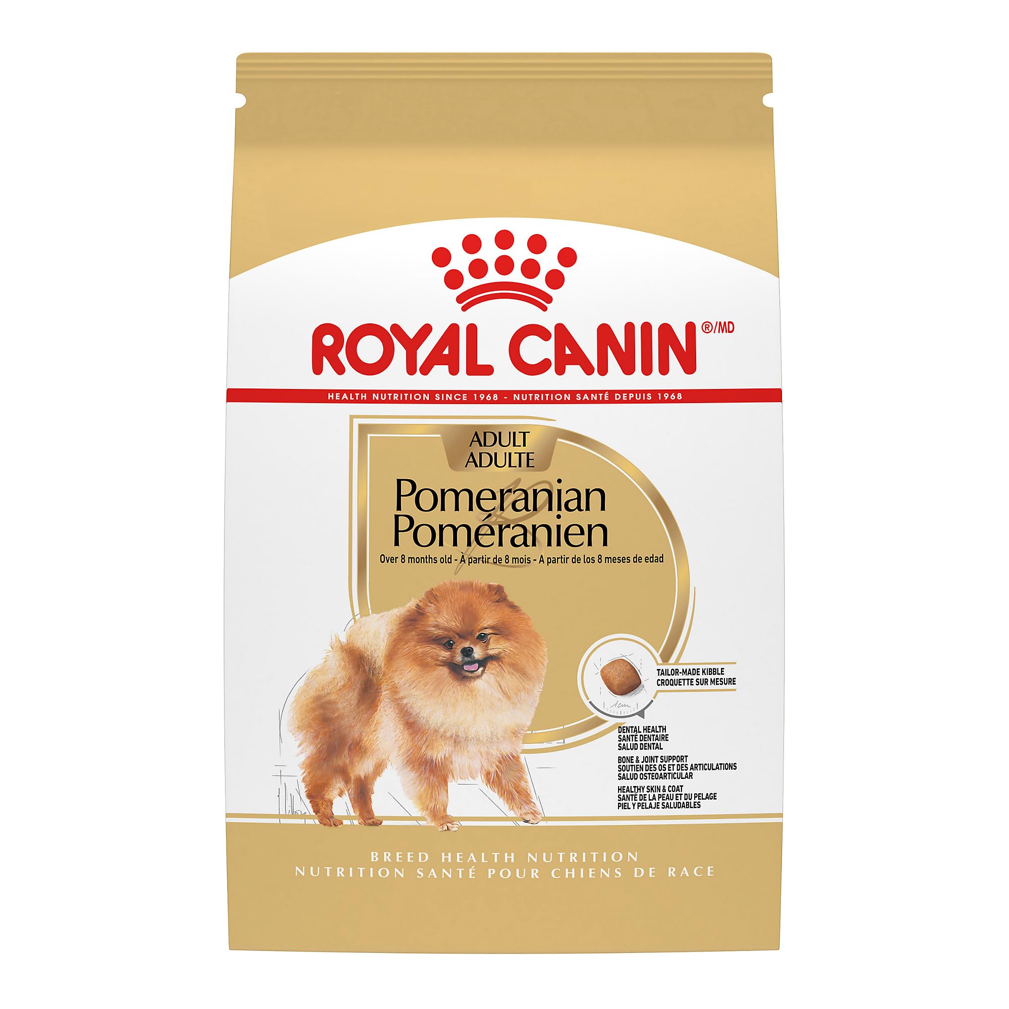Royal Canin Pomeranian adult dry food bag front view, ideal for small breed nutrition.