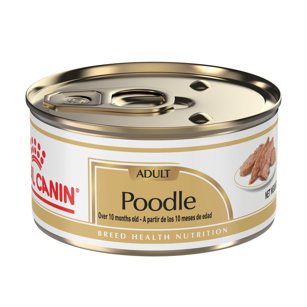 Royal Canin Poodle Adult wet food loaf in sauce enhances palatability for finicky Poodles.