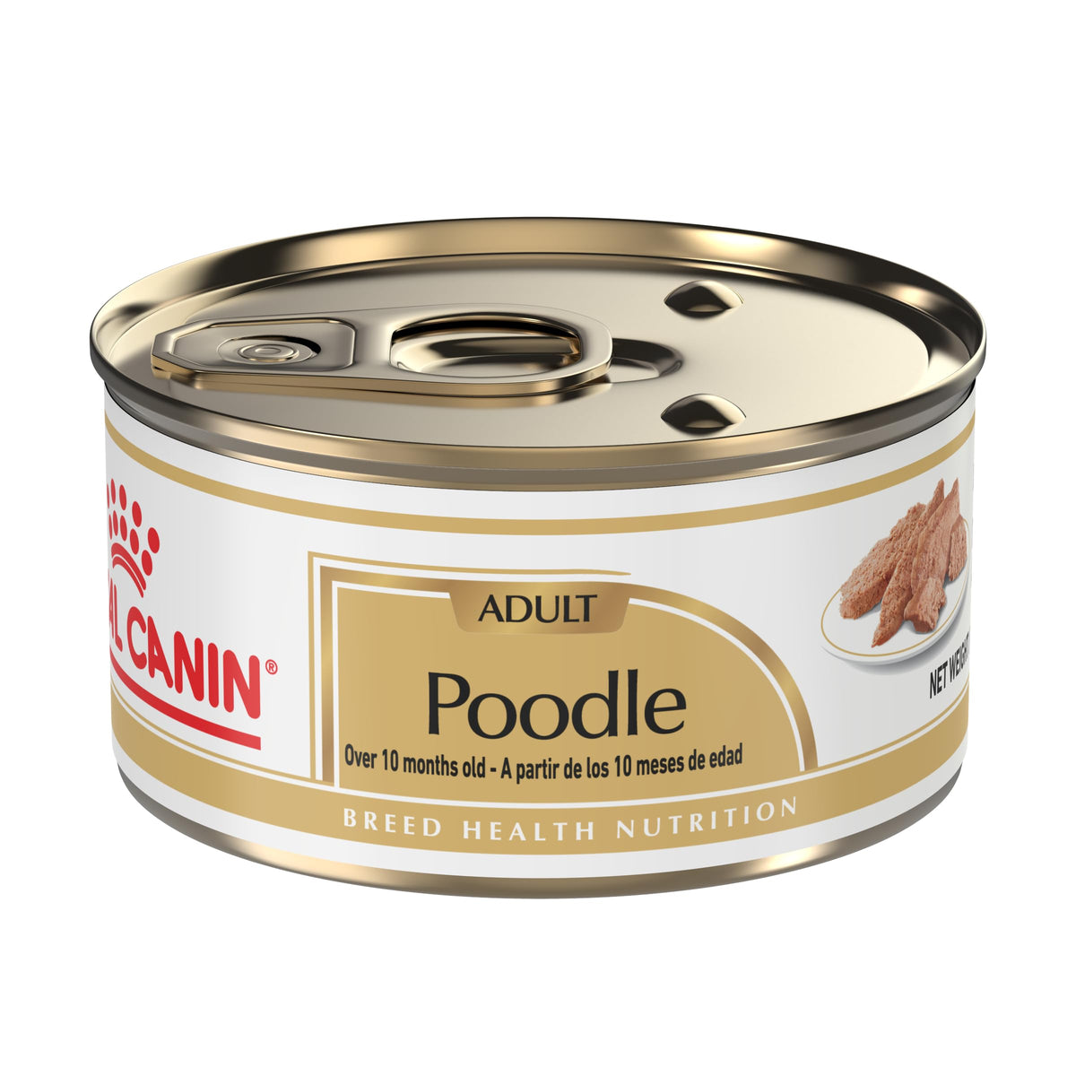 Royal Canin Poodle Adult wet food loaf in sauce enhances palatability for finicky Poodles.