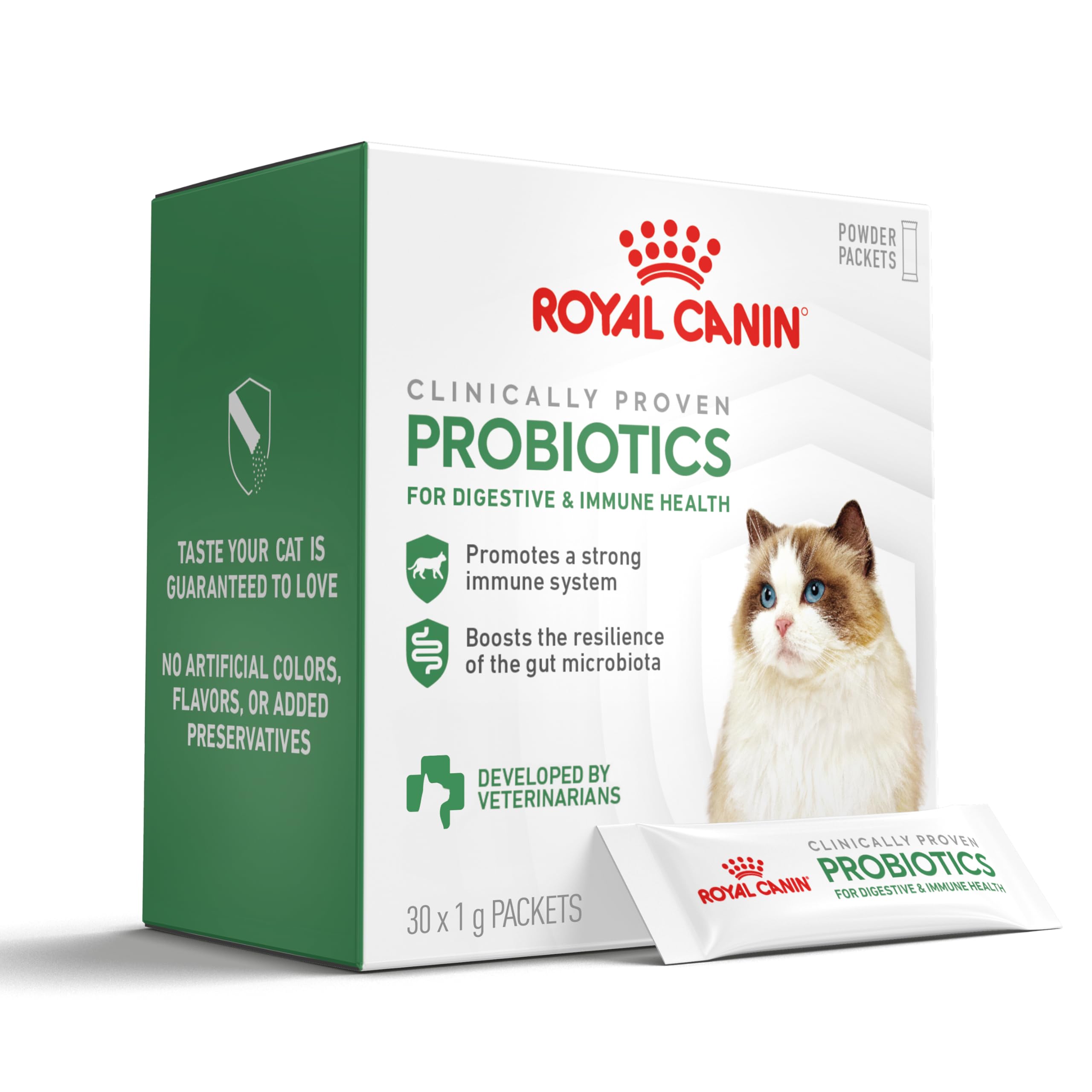 Royal Canin Probiotics packaging front showing 30 packets for digestive support.