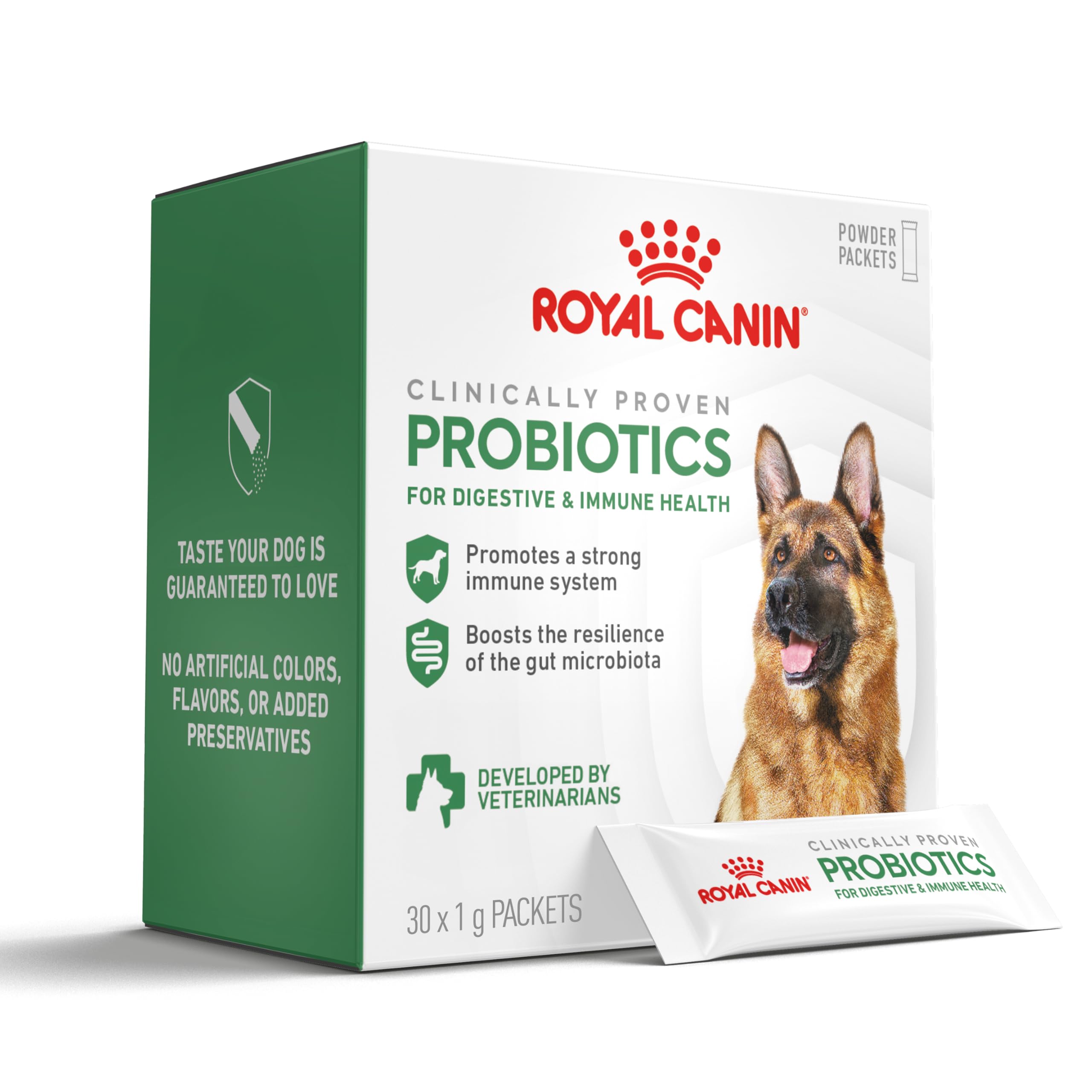 Royal Canin Probiotics dog powder pack on a bowl supports digestive health