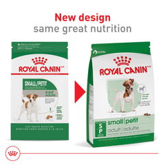 Royal Canin small adult dog food bag open showing convenient packaging and freshness seal.