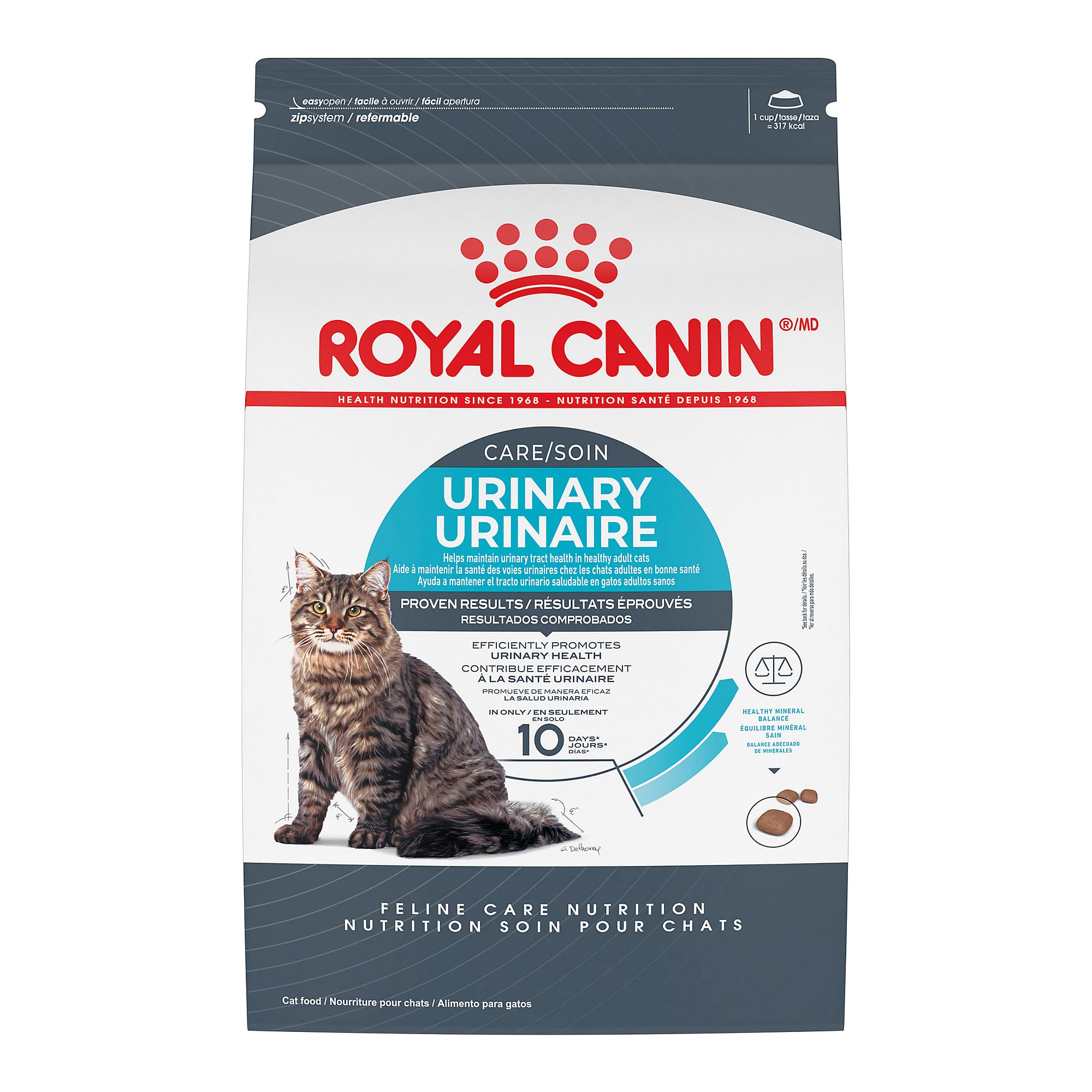 Royal Canin Urinary Care dry cat food bag shows a balanced formula for urinary support.