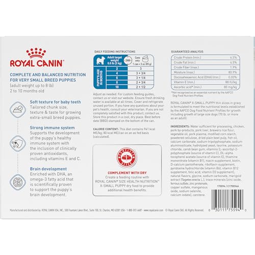 Royal Canin X-Small Puppy digestion-focused wet food with prebiotics for gut balance.