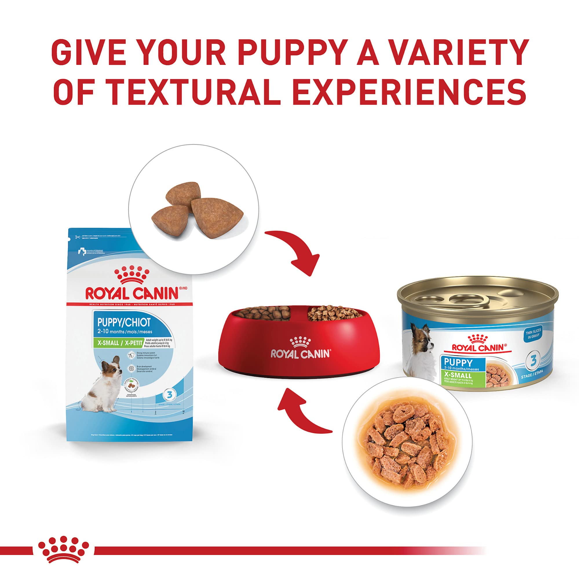 Royal Canin X-Small Puppy antioxidants support immune development.