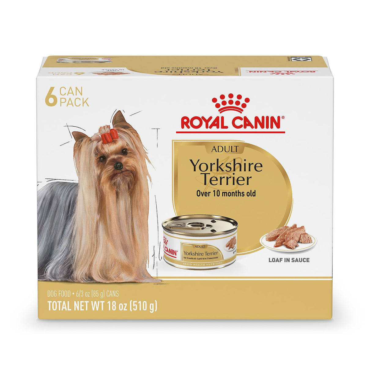 Royal Canin packaging for Yorkshire Terrier Adult Loaf in Gravy, breed-specific nutrition.