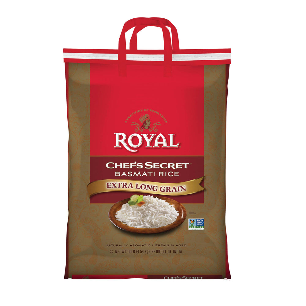 Royal Chef's Secret Basmati rice bag showcases premium long grains for gourmet meals.
