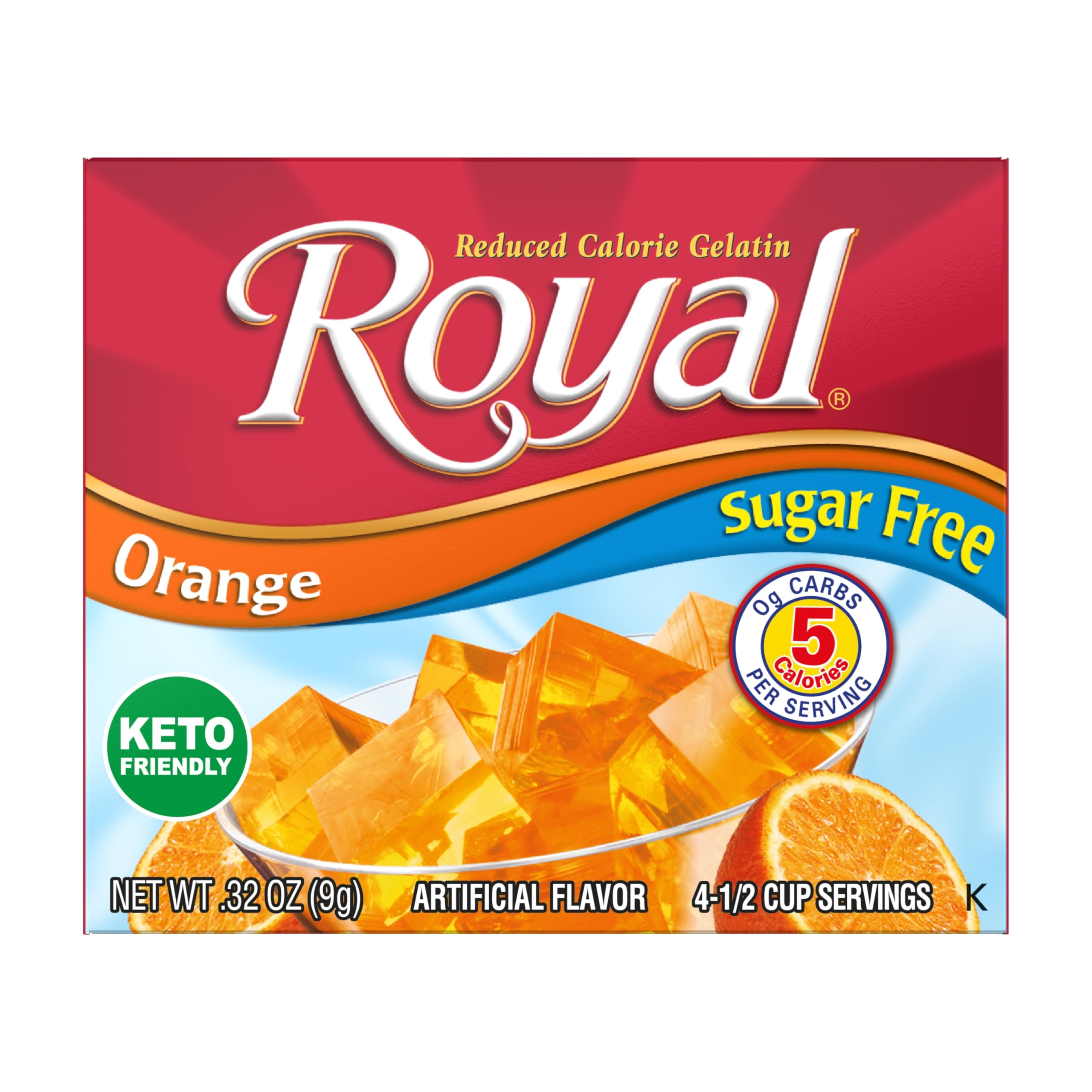 Royal Gelatin Orange Box — tangy, sugar-free dessert base for quick snacks.