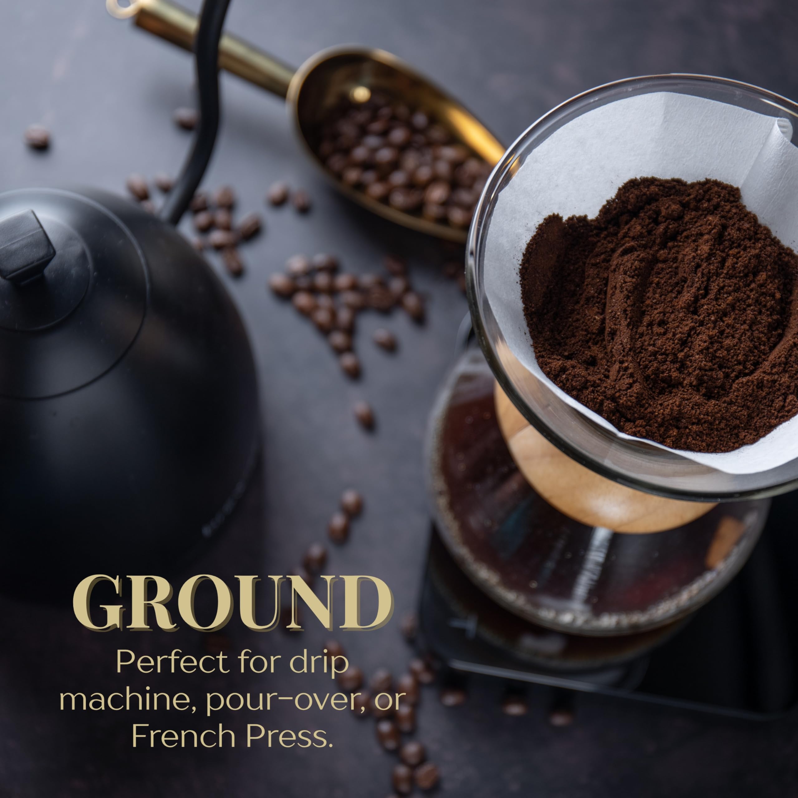 ROYAL KONA Ground beans close-up reveal rich medium roast aroma