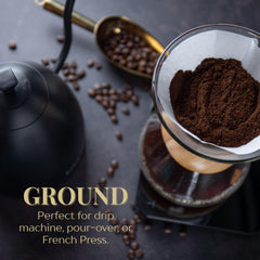 ROYAL KONA Ground beans close-up reveal rich medium roast aroma