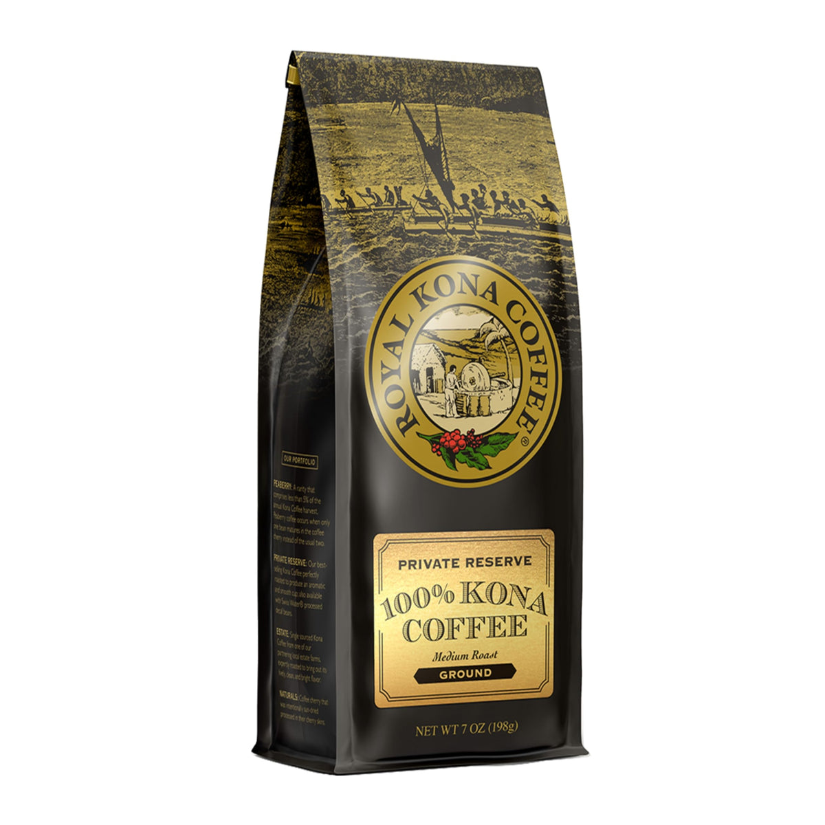 ROYAL KONA Ground Private Reserve front label highlights 100% Kona purity